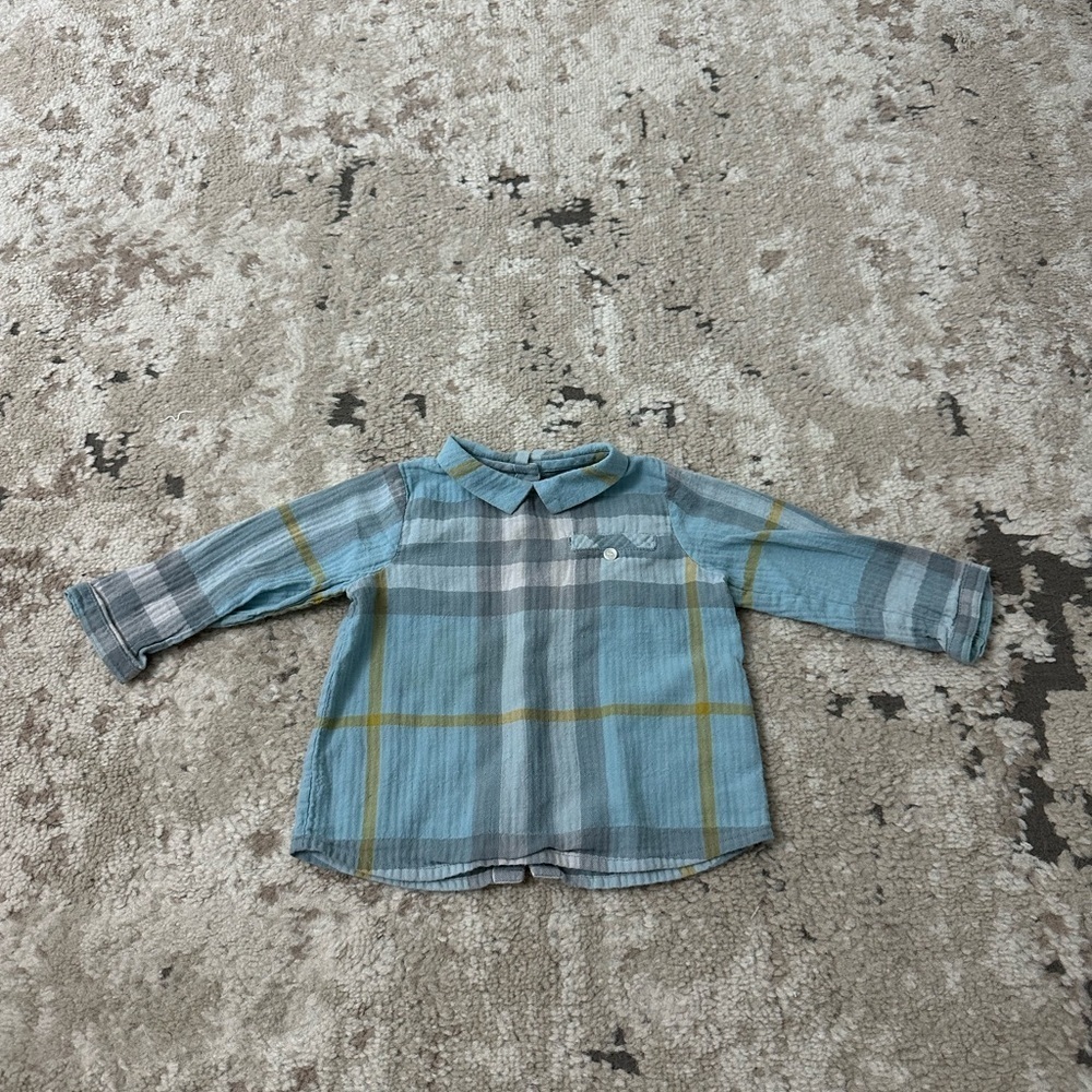 Burberry Blue Plaid Button Up Collared Top Size 6 Months